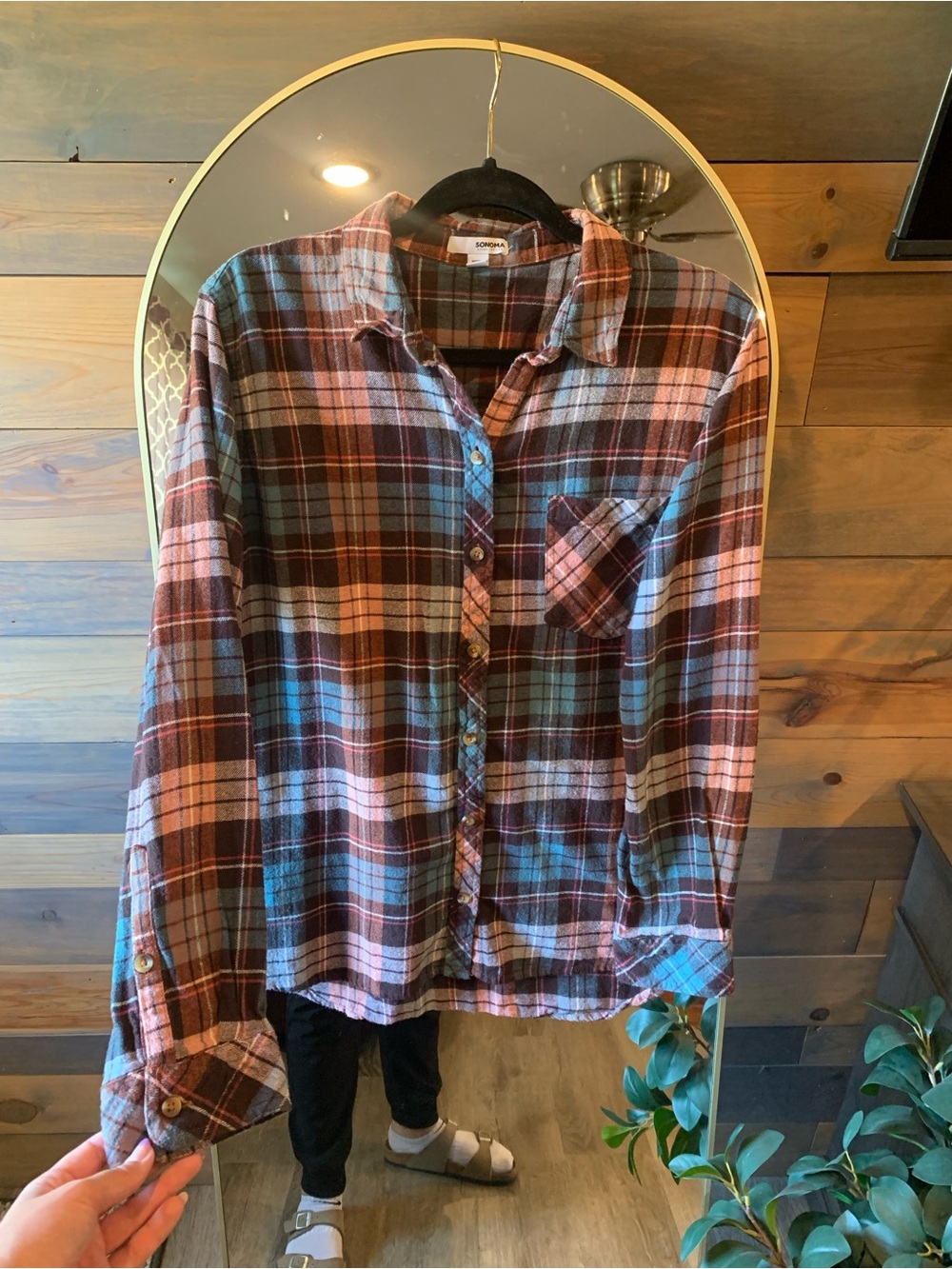 Sonoma Plaid Button-Down Shirt in Pink, blues, and Brown Tones